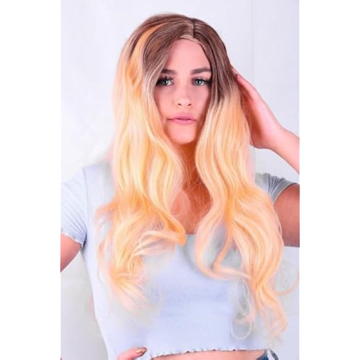 DILLARDS Premium Long Wavy Wig, Light Peach Ombre Synthetic Hair, Heat Resistant Fiber, Natural Looking with Root Gradient Effect - Image 2
